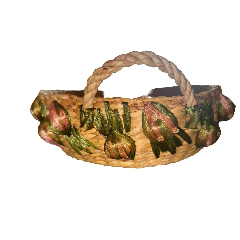 Vintage Woven Raffia Straw Round Casserole Basket With Fruit Accents Handles